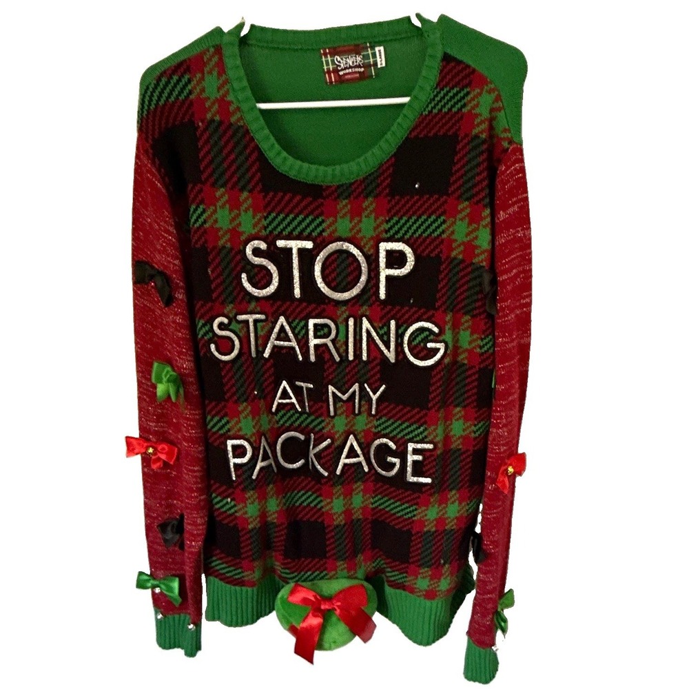 Spencer's Workshop Stop Staring At My Package Plaid Crewneck Sweater XL UGLY LIT